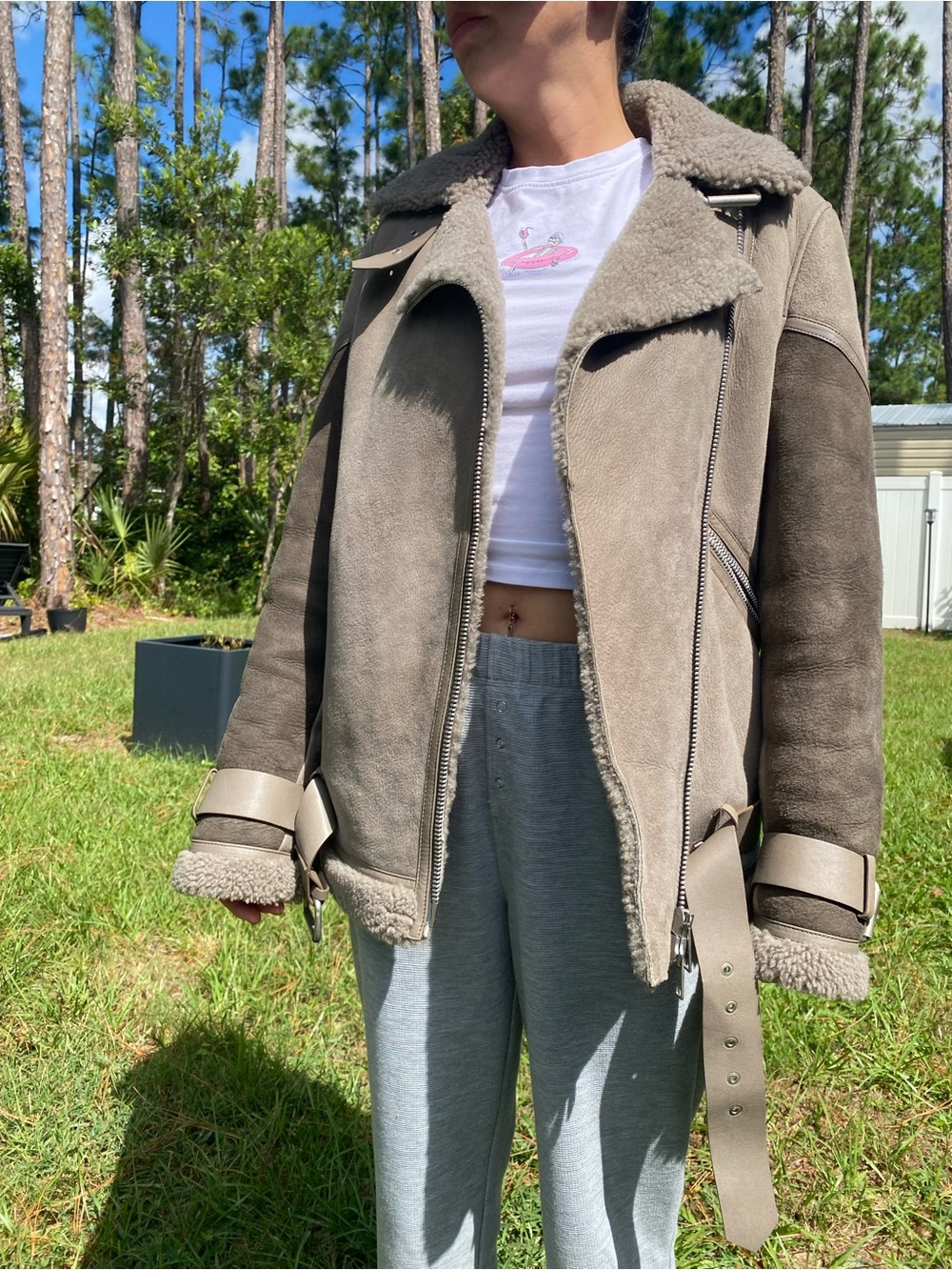All Saints Taupe Shearling-Trim Suede Aviator Jacket